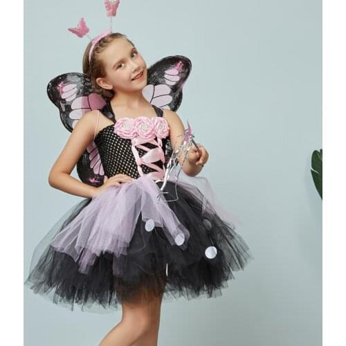 Girls Butterfly Fairy Costume Dress Dotted Monarch TUTU Dresses With Wing Halloween Cartoon Costumes Disfraz Carnival Disguise