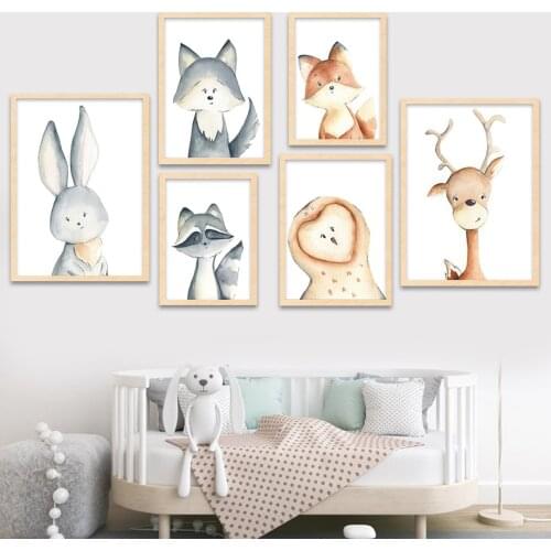 Rabbit Fox Deer Owl Raccoon Cartoon Animal Wall Art Canvas Painting Nordic Posters And Prints Wall Pictures Baby Kids Room Decor