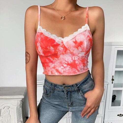 Summer Tie-dye Spaghetti Strap V-neck with Lace Red Camis Aesthetics Backless Sexy Party Tops Streetwear New