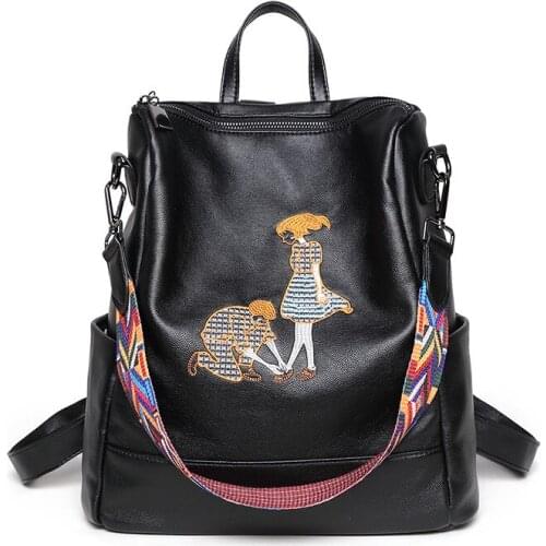 Fashion Embroidery Couple Pattern Backpacks for Women Leather Black School Bags For Teenage Girls shoulder bag