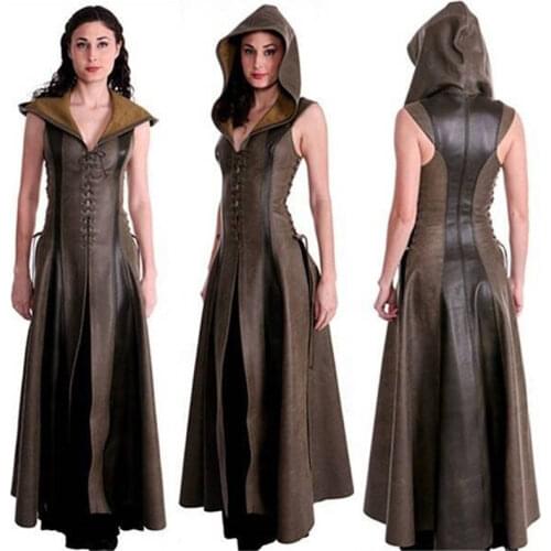 Fashion Women Cosplay Anime Cosplay Costume Fashionable Hooded Archer Costume Leather Long Dress Sleeveless Medieval Women Suit