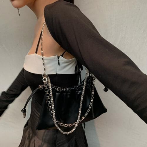 Soft Pleated PU Leather Women String Crossbody Bags Fashion Design Ladies Chain Shoulder Underarm Bag Cool Girls Black Handbags