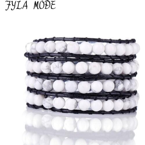 Fyla Mode New 4 Wrap 6MM White Stone Bead Bracelet Black Leather Rope Handmade Weave Howlite Bracelet Jewelry For Female Men