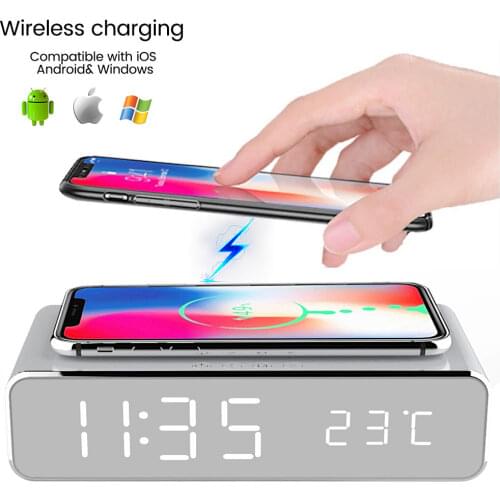 NEW LED Electric Alarm Clock Digital Thermometer Clock HD Mirror Clock with Phone Wireless Charger and Date
