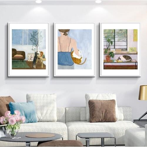 Nordic Girl Lazy Cats Window Canvas Painting Posters and Prints Minimalist Wall Art Pictures For Living Room Bedroom Home Decor