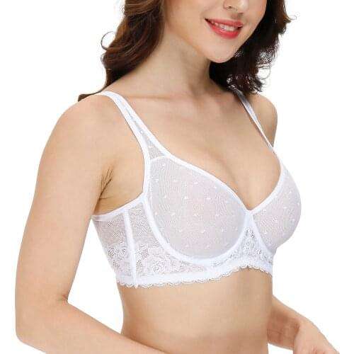 YANDW Deep Plunge Demi Bra Solid Lace Lingerie Padded Underwire Brassiere V Neck Bra for Women Plus Size 30-44 A B C D E Cup