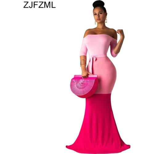 Color Block Spliced Summer Maxi Sundress Women Slash Neck Half Sleeve Mermaid Dress Elegant Cold Shoulder Backless Party Dresses