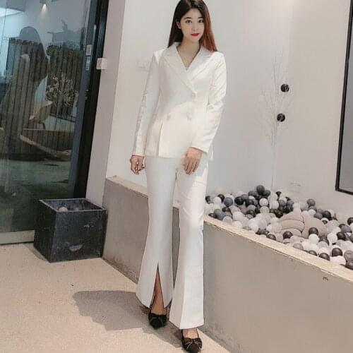 Korean White OL Professional Suit Set Womens Double Breasted Suit Jacket Blazer + Split Flared Trousers Two-piece Suit Y210
