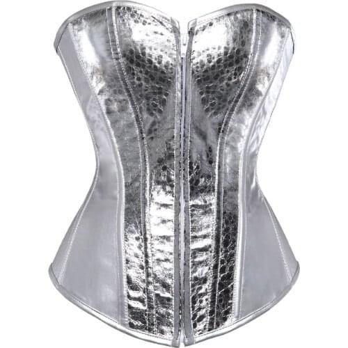Women Sexy Faux Leather Zipper Corset Lace Up Waist Cincher Burlesque Overbust Corset Bustier Lingerie Top Silver Plus Size