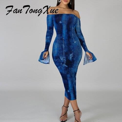 Dresses for Women 2021 Spring/Autumn Imitation Denim Office Lady Dress Women Sheath Flare Sleeve Slash Neck Vintage Long Dress