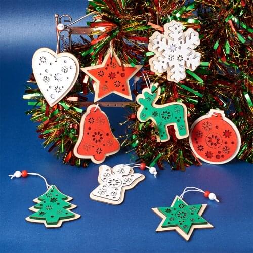 18pcs Mixed Color Wooden Christmas Ornaments Hanging Pendants Snowflake Bell Shape For Xmas Tree Home Party Hanging Decorations