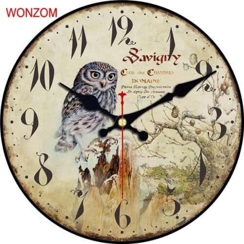 2020 Large Vintage Rustic Wooden Wall Clock Kitchen Antique Shabby Chic Retro Owl Clocks Wall Battery Operated Silent Animal