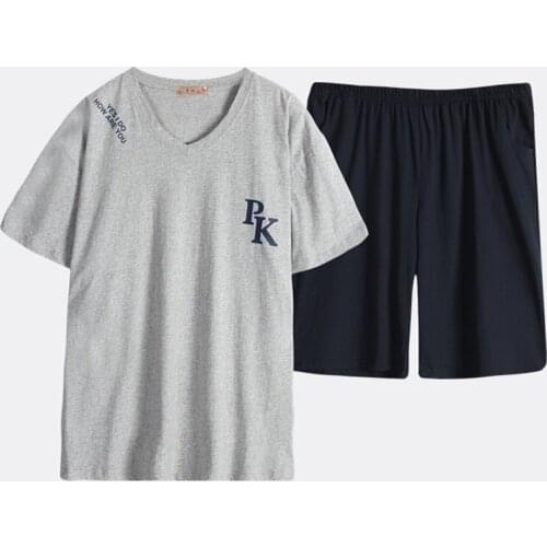 Free Shipping Mens Plus Size Short Sleeve Shorts V Collar Sleepwear Set Soft 100% Cotton Pajamas Nightgown Summer Homewear 5XL