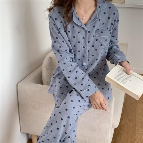 Autumn winter love heart print cotton pajama set linen casual homewear long sleeve pants 2 piece set sleepwear pyjamas soft L388