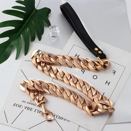 For Small Medium Large Dog Chain Collar Leash Handle Leads PU Leather Metal Stainless Steel Necklace Adjustable Safety Control