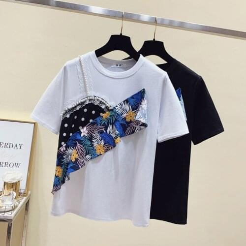 Plus Size 3XL Womens Summer Vintage Black White Tees Short-Sleeved Cotton T-Shirt Print Ruffles Beading Patchwork Loose Tops