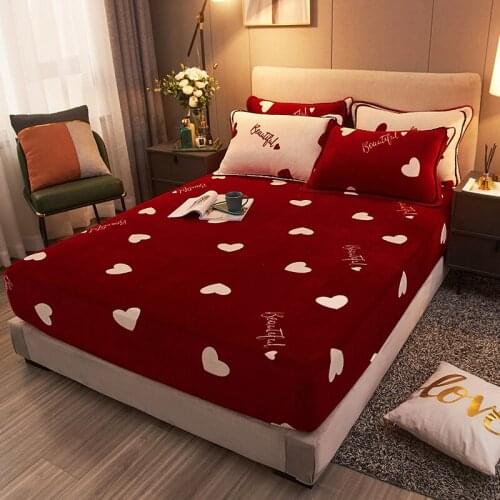 Xmas Red warm Universal Mattress Cover Mink Cashmere Thicken sheets bed Pillow Case Winter Fitted Sheets Dust Cover Protector