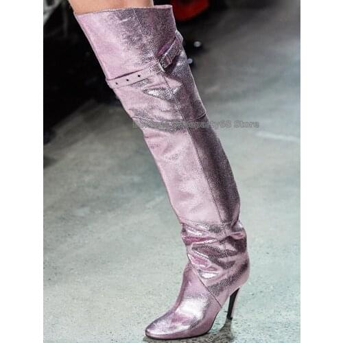 Bright Purple Green Thigh High Thin High Heel Boot Woman Pointed Toe Over The Knee Boots Sexy Buckle Patter Long Bota
