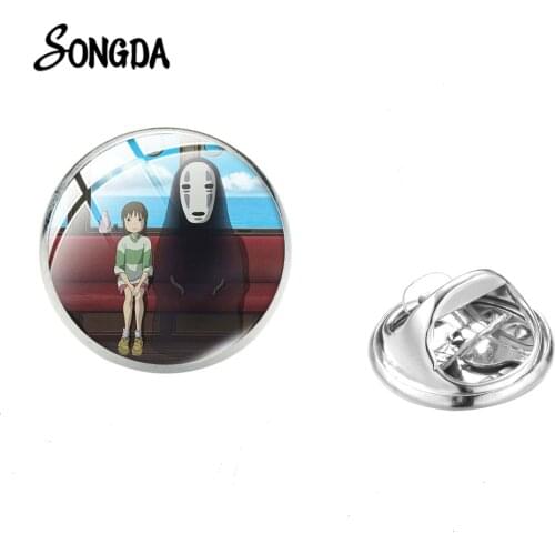 Spirited Away Anime Series Stainless Steel Pin Comics Character No Face Man Picture Glass Cabochon Brooch Pins Decorative Badges