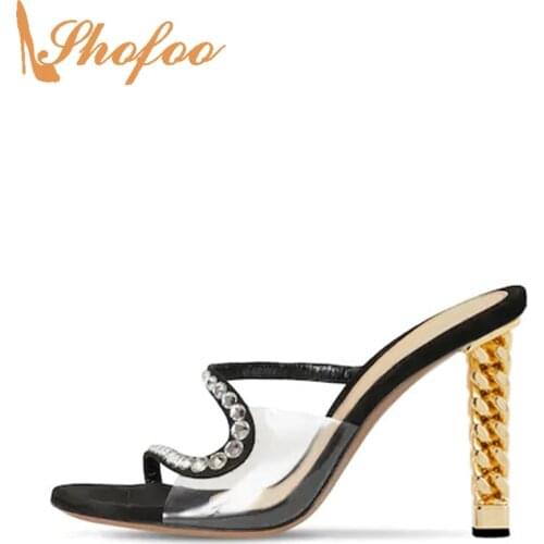 Black Clear Patchwork Crystal Stiletto Gold High Chunky Heels Women Sandals Large Size 15 16 Ladies Summer Fashion Shoes Shofoo
