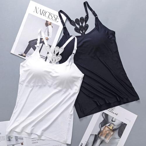 2021 Women Summer New Ice Silk Breathable Vest Female Brassiere Padded Seamless Fitness Tank Lady Solid Embroidery Camisole D940