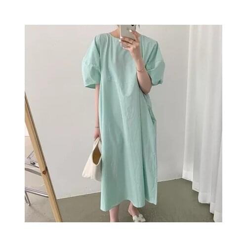 Minimalist Mint Green O Neck Puff Short Sleeve Loose Dress Women Casual Vestido De Mujer Summer Chic Korean Fashion 3 Color
