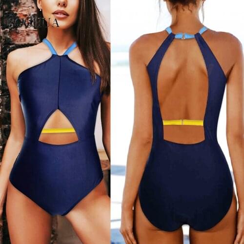 2020 Solid One Piece Swimsuit Swimwear High Waist Neck Bodysuit Bathing Suit Women Backless Starpless Piece Swimwear Beach Wear