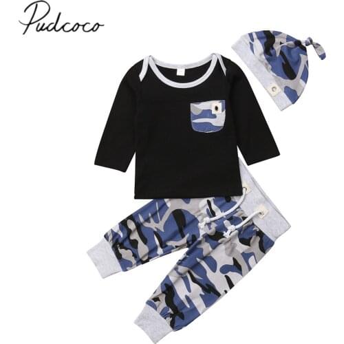 2018 Brand New Camo Fashion Active Baby Boy Autumn Winter Clothes Sets 3PCS Long Sleeve Patchwork Sweatshirt Tops+Pants+Hats