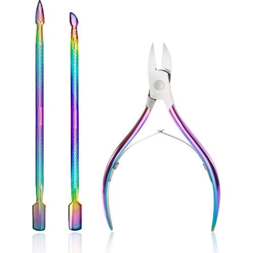 3Pcs/Set Colorful Nail Cuticle Spoon Pusher Dead Skin Scissors Dead Skin Pusher Holographic Titanium Nail Art Manicure Tools