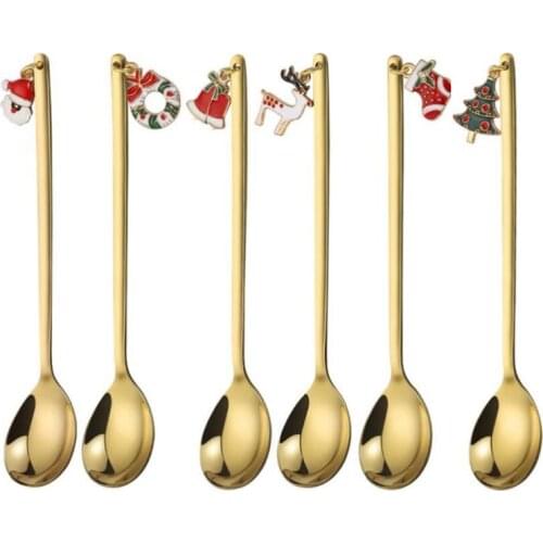 6PCS Christmas Spoon Metal Scoops Home Party Gift Stainless Steel Tableware Bar Kitchen Christmas Decoration Table Coffee Scoops