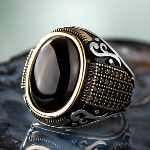 925 Sterling Silver Oval Black Onyx Stone Mens Ring with Micro Stones Exclusive Ring for Men Special Accessory Made in turkey