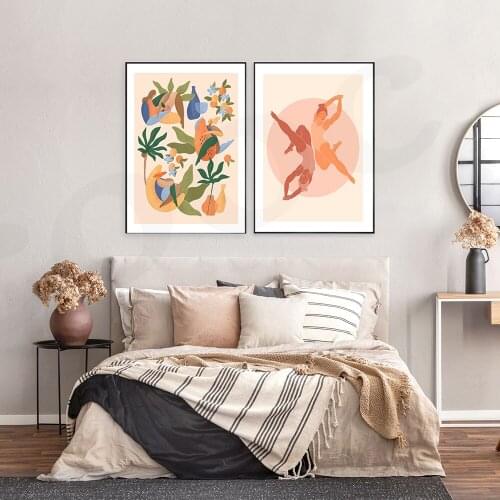 Abstract Dancing Under Flower and Tree Art Posters Exercise Gesture Nordic Boho Canvas Picture Home Decor Paintings