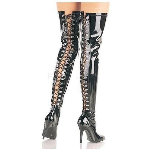 Plus Size 43 Blak Patent Leather Thigh High Belted Boots Pointed Toe Cut-out Lace-up Over the Knee Boots Leather Summer Shoes