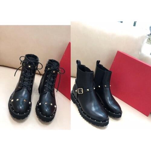 2020 fall and winter belt buckle rivet short boots Chelsea leather Martin boots fashion flat bottom ankle boots womens boots