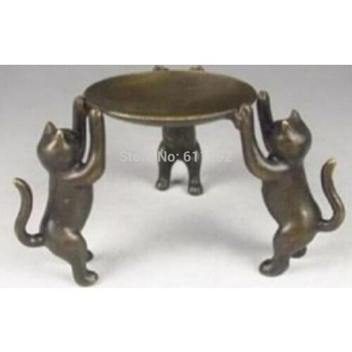 Decorated Handwork copper Carving 3 Plutus Cat statue The Candle Holder/ Candlestick