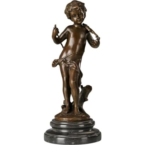 Playing the Violin Boy Statue Figurine Bronze Vintage Copper Art Child Sculpture Marble Base Kids Gifts Living Room Decor