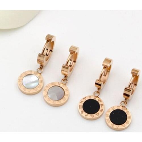 Twelve Constellations Design Women Earrings Rose Gold-color White Black Shell Circular Surface Roman Letter Dance Earring KE006