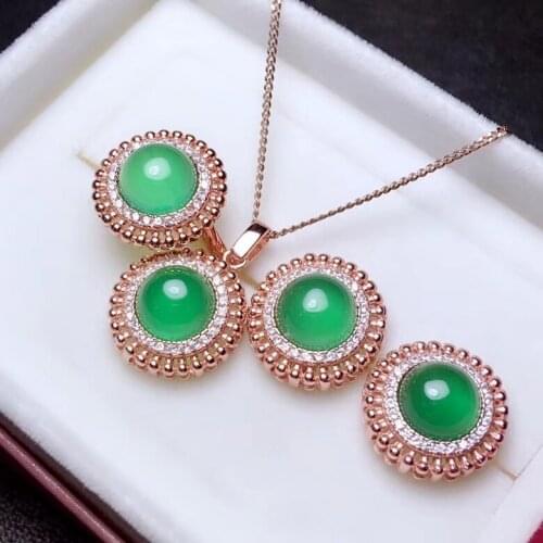 Natural green chalcedony Ring Pendant Earrings Natural Gemstone Jewelry Set 925 Silver Fashion round Women party gift jewelry