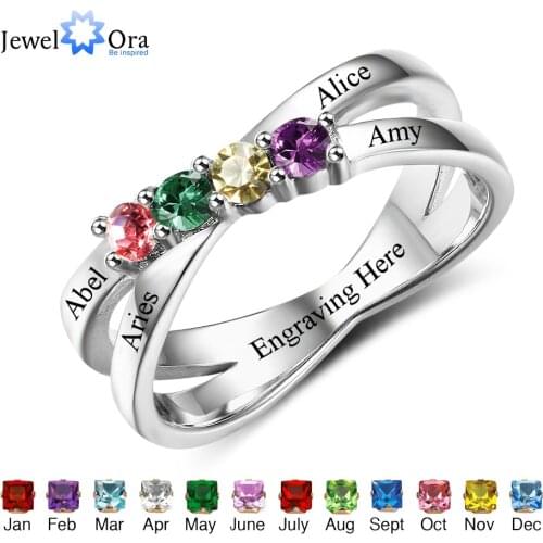 Family & Friendship Ring Engrave Names Custom 4 Birthstone 925 Sterling Silver Mothers Rings Gift For Mom (JewelOra RI102509)