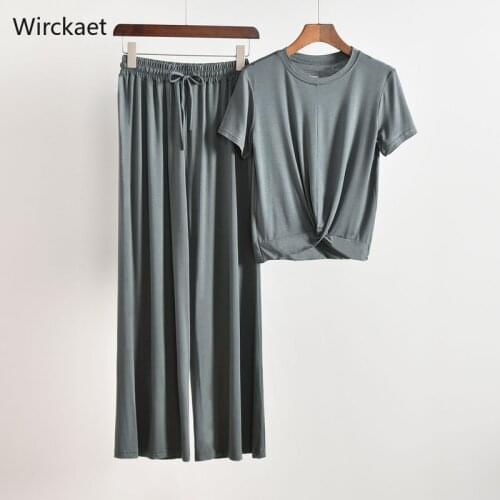 Summer Womens Tracksuit Wide Pants Two Piece Set Women Modal Pants and O Neck T Shirts Casual Shorts Pantsuits Tracksuit Female