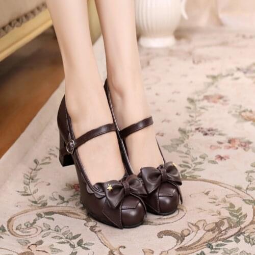 Japanese Lolita lace medium thick heel round bow jk cute sweet shoes Bowknot Princess Kawaii Girl Women Shoes Vintage Sweet cos