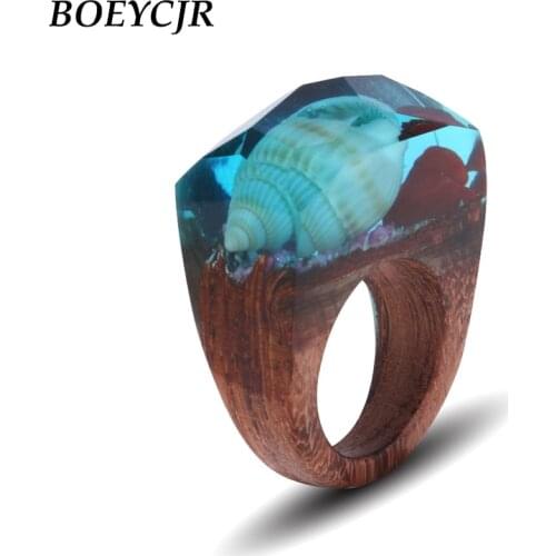 BOEYCJR Blue Conch Resin Wood Ring Fashion Jewelry Mood Handmade Magic Rings for Women or Men Gift anillo anneau