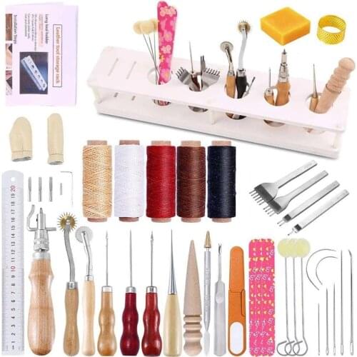 Imzay 39 PCS Leather Working Tooling kit With Instructions Scratch Wire Wheels Waxed Thread For Leather Sewing