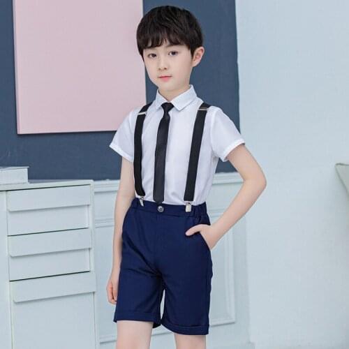 Summer New Children Formal Clothing Set Boys Performance Stage Dress Wedding Costume Kids Shirts Shorts Tie Strap Clothes Set