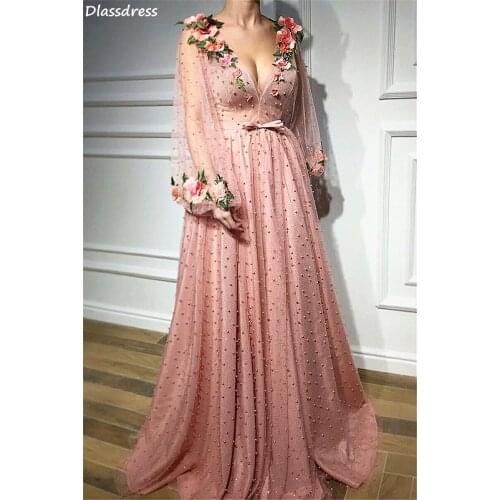 Pink Flower Prom Dresses Bead A-line V-neck Tulle A-line Floor Length Long Fluffy Sleeves For Party Evening Dress فساتين السهرة