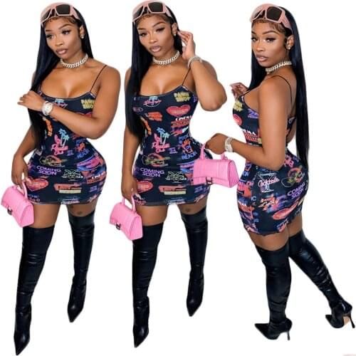 Sexy Letter Print Spaghetti Strap Bodycon Mini Dresses Summer Clothes for Women 2021 Fashion Clubwears