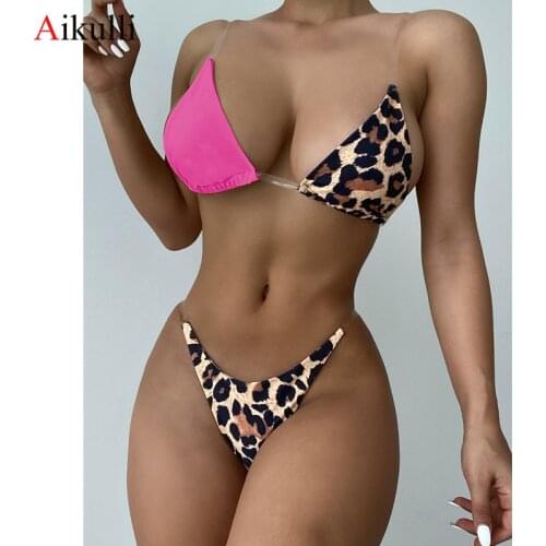Sexy Micro Bikinis Transparent Straps Swimsuits Women Leopard Stitching Swimwear Summer Thong Bikini Set Push Up Bathing Suits