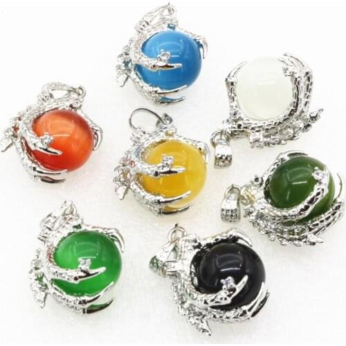 Charm 5pcs Pendant Jewelry 25x31mm 8 Color Opal Cat Eye Round Ball Stone Inlay Paw Shape Diy Finding Copper Silver-Color B3295