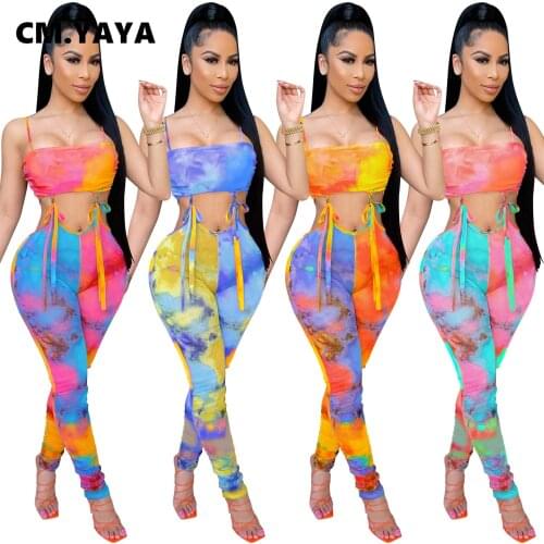 CM.YAYA Tie Dye Womens Bodycon Drawstring Jumpsuit Romper Drawstring Patchwork Sleeveless Playsuit Street Basic Overall Outfits