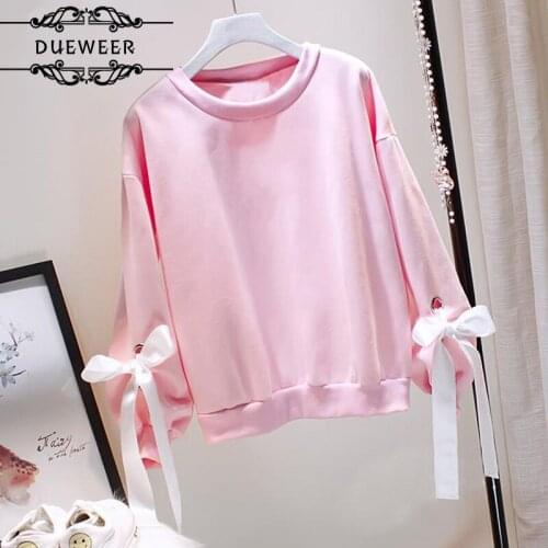 Dueweer Hoodies Sweatshirts Womens Pink O-Neck Plus Velvet Solid Sweet Korean Style All-match Soft Elegant Women Hoodie